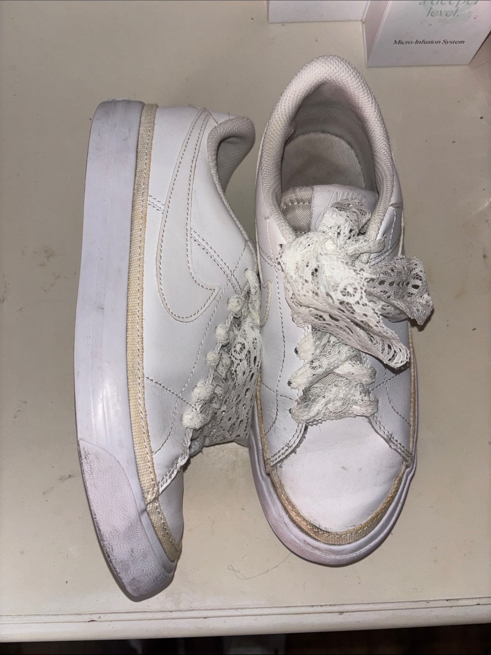 All White Lace-Up Sneakers with Lace Ribbon Laces Nike Blazers